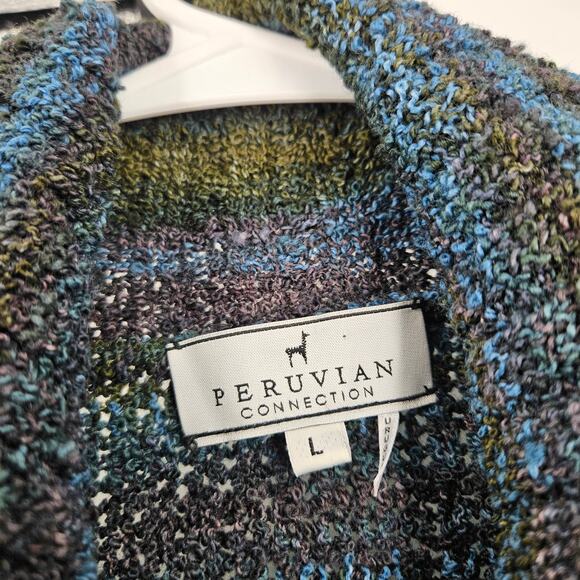 Peruvian Connection Cardigan Sweater Green Blue 100% Wool Button Front Size L - Picture 2 of 7